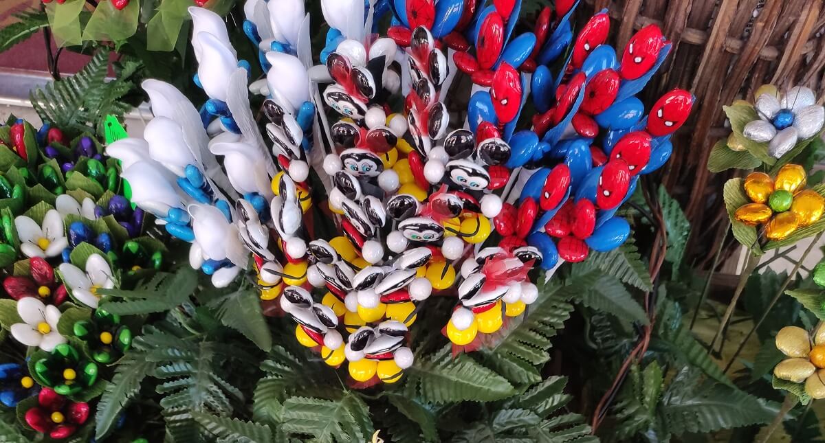 Confetti arrangements showing smurfs and Spiderman