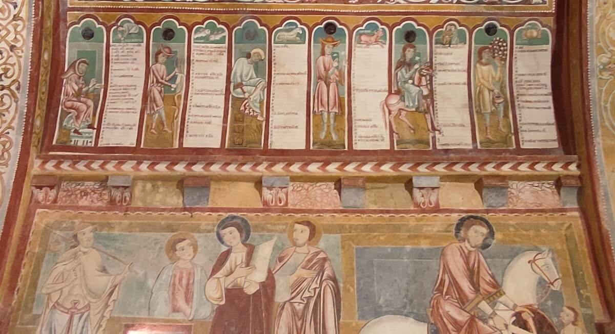 Oratory of San Pellegrino, Bominaco, interno with frescoes and liturgical calendar
