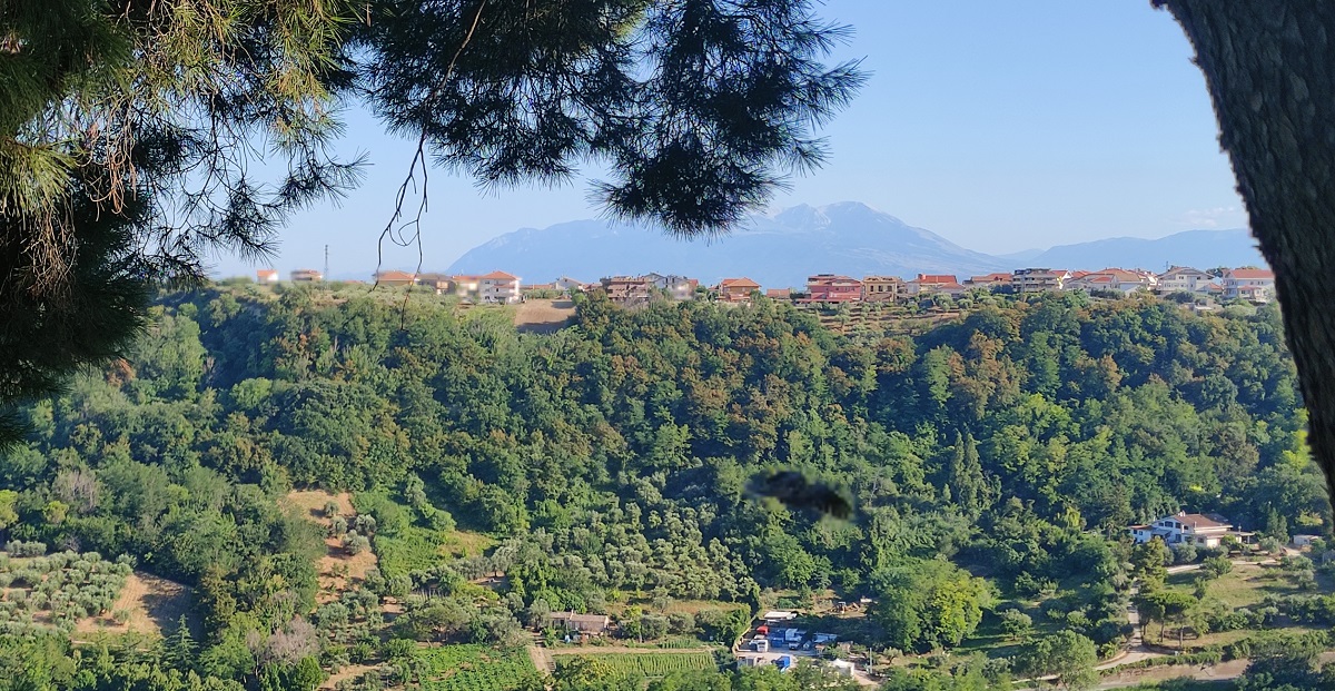 View of countryside and mountain in background, from Silvi Paese