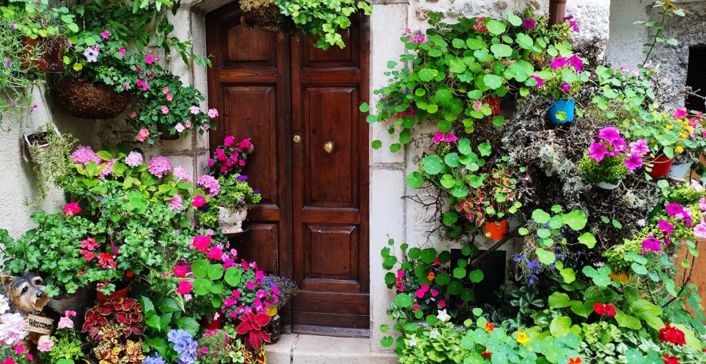 Doorway with hanging baskets of flowers