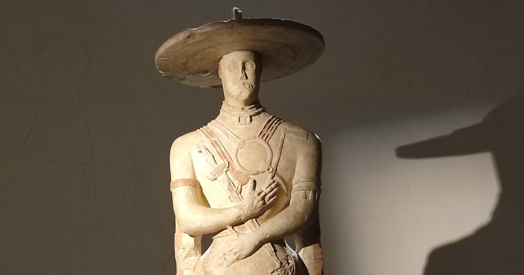 Upper portion of the sculpture, the Guerriero di Capestrano in the Museo Archeologico di Abruzzo, Chieti