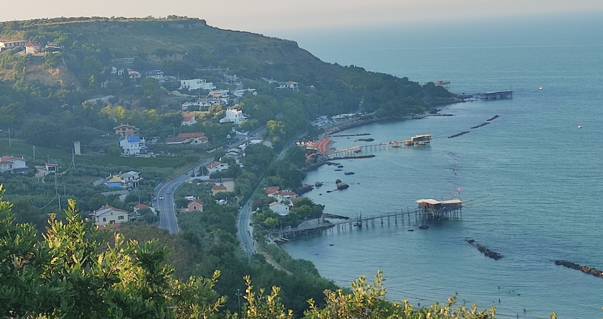 View of land and sea from lookout, with trabocchi